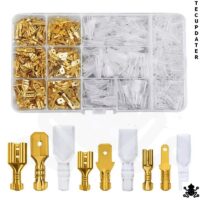360-piece brass spade terminal kit with 2.8mm, 4.8mm, and 6.3mm male and female connectors and PVC sheaths, organized in a plastic box for automotive wiring and electrical applications.
