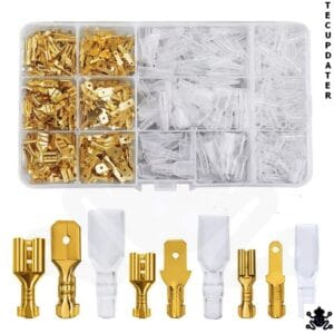 360-piece brass spade terminal kit with 2.8mm, 4.8mm, and 6.3mm male and female connectors and PVC sheaths, organized in a plastic box for automotive wiring and electrical applications.