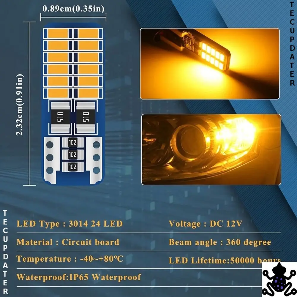 TecUpdater Amber T10 W5W LED Bulb Pair – 3014 24-SMD, 12V, Canbus Compatible, Turn Indicator and Side Marker