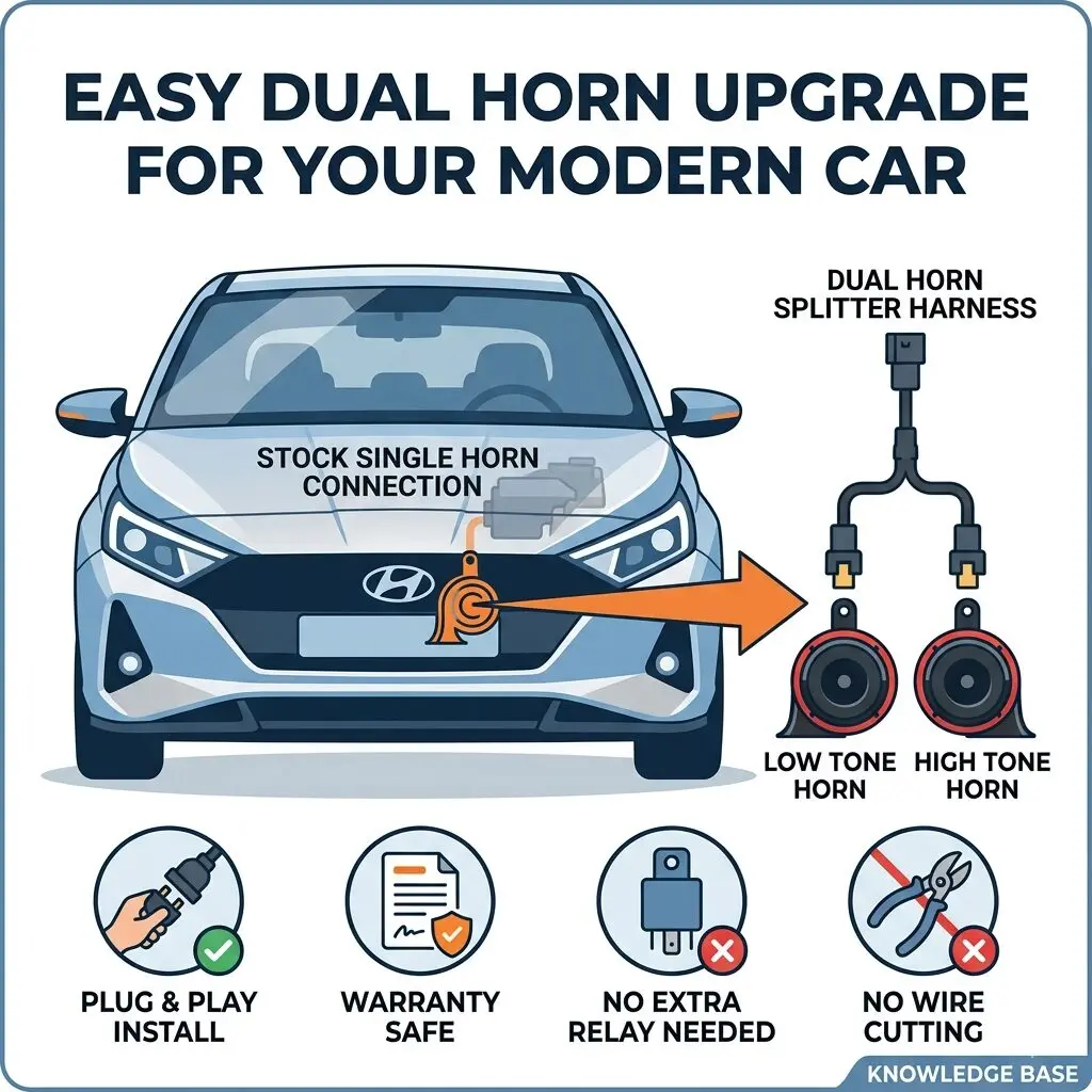 Hyundai and Kia share the same INFAC-type horn connector across most of their lineup — Creta, Seltos, Venue, Sonet, Verna, Carens, Alcazar, and i20 all use it. The catch is that horn placement varies by model: some have the horn centered behind the bumper, others have two mounting points at the left and right ends. Picking the right harness variant for your layout matters more here than almost anything else.