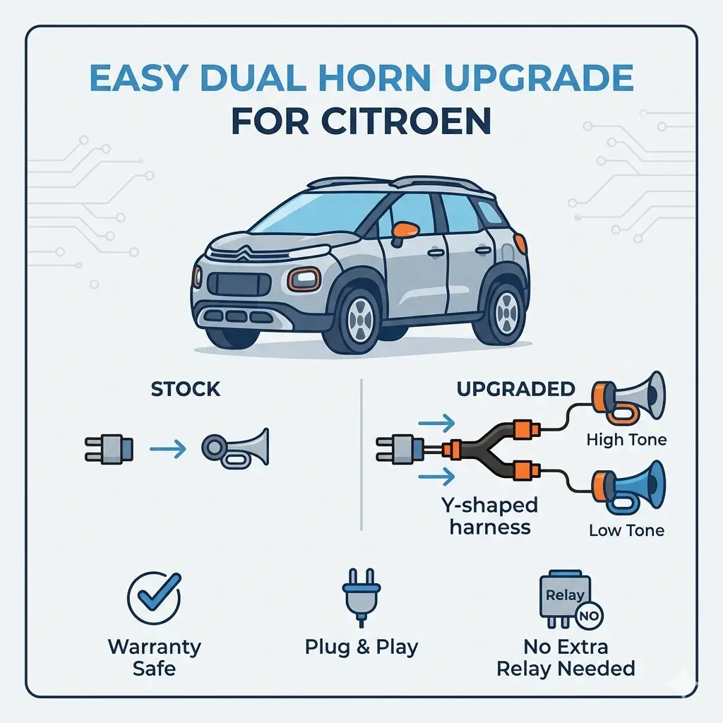 If your Citroen — C3, C3 Aircross, or similar — has a factory single horn and you want to switch to a dual-tone setup, here’s what you should know.