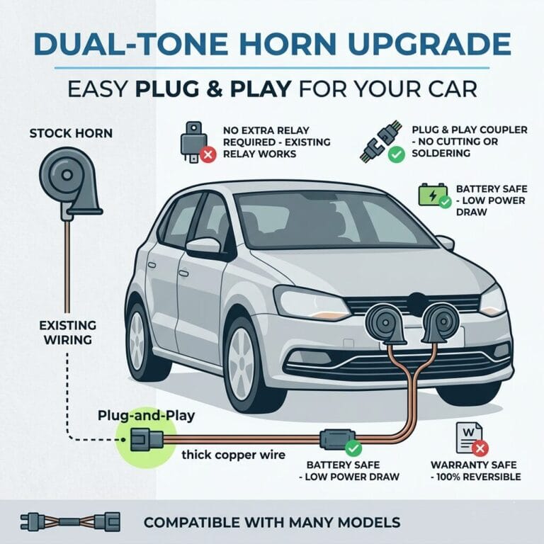 VW and Skoda cars built on the PQ and MQB platforms — Polo, Vento, Ameo, Rapid, Taigun, Virtus, Slavia, Kushaq, Kodiaq, and Kylaq — use a tight, factory-style 2-pin horn connector. A generic splice often doesn’t seat properly on these, which is why most owners look for an OEM-matching splitter or coupler instead of cutting into the loom. Here’s what to know before picking one.