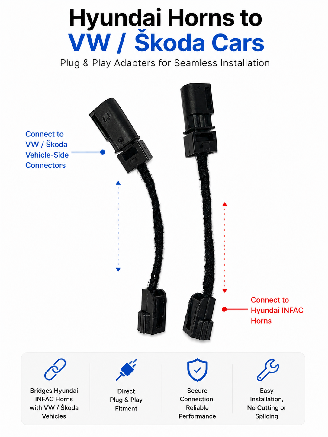 Kia Hyundai Creta INFAC Horn Adapter Harness for VW Skoda Cars – Splitter Harness (For Single Horn Wiring)